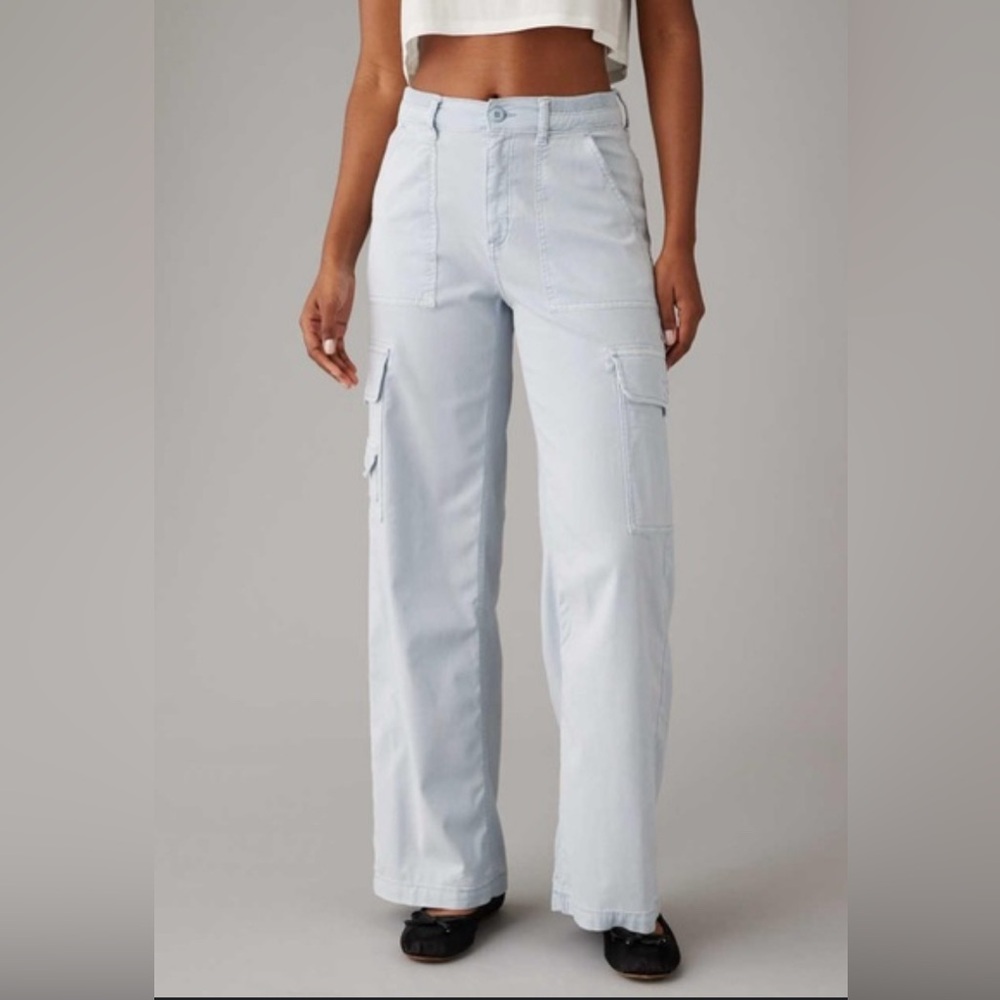 American Eagle AE Dreamy Y2K Style Stretch Light Gray Cargo Pants Baggy Wide Leg